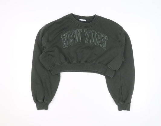 Zara Women Green Cropped Pullover Sweatshirt Size M New York Print