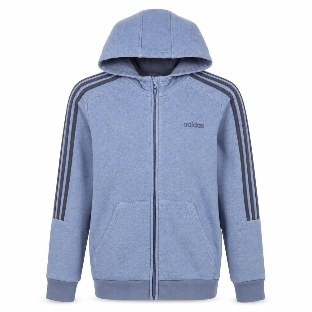 Front view of Adidas boys’ blue full zip hoodie, size 13-14, years cotton blend