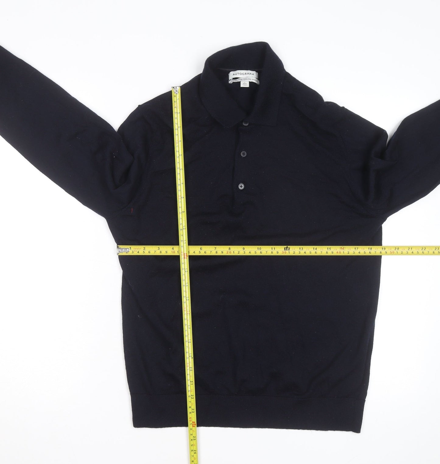 Marks and Spencer Autograph Mens Blue Merino Wool Long Sleeve Polo Shirt L