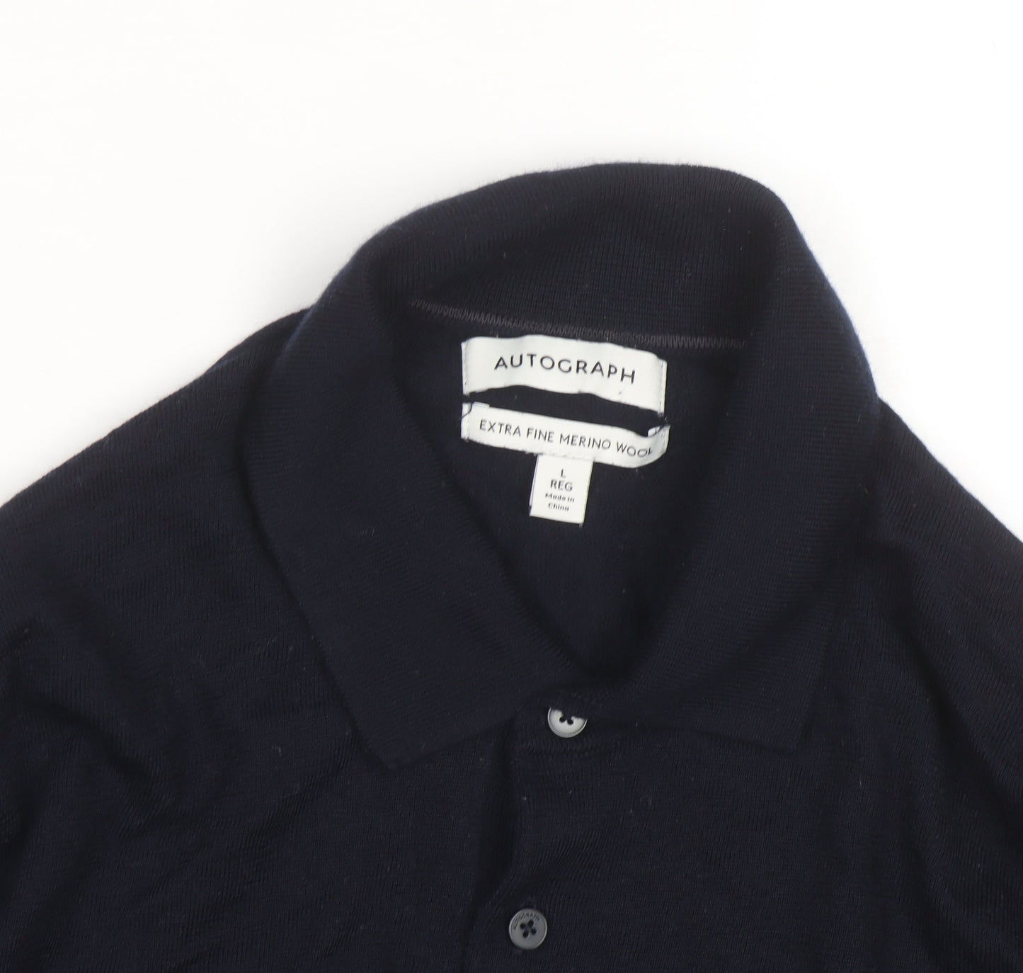 Marks and Spencer Autograph Mens Blue Merino Wool Long Sleeve Polo Shirt L