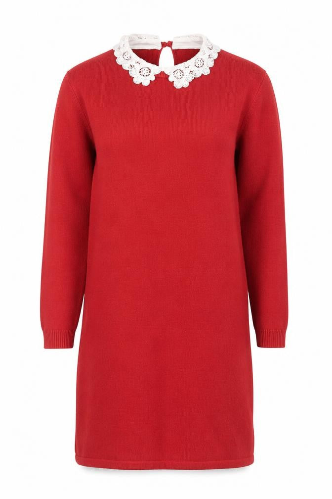 Front view of ASOS Women Red Cotton Blend Crochet Collar Knit Shift Dress, size 8