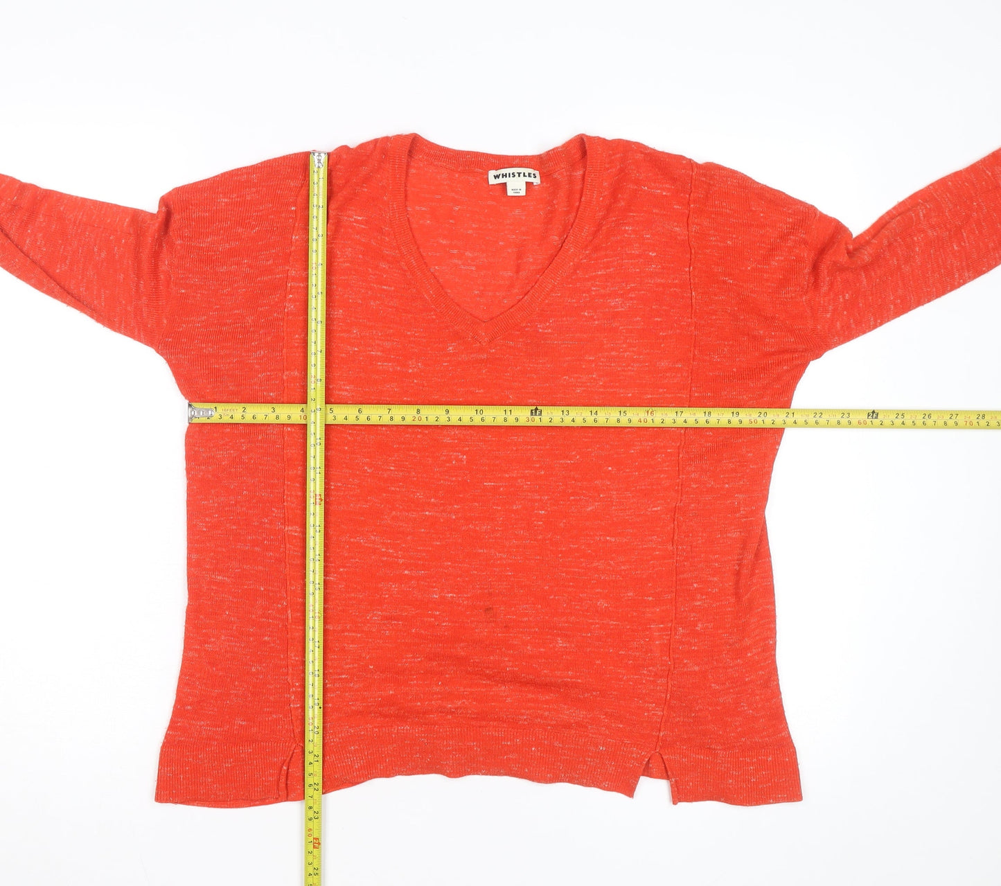 Whistles Women's Orange V-Neck Lightweight Cotton Linen Jumper Size S
