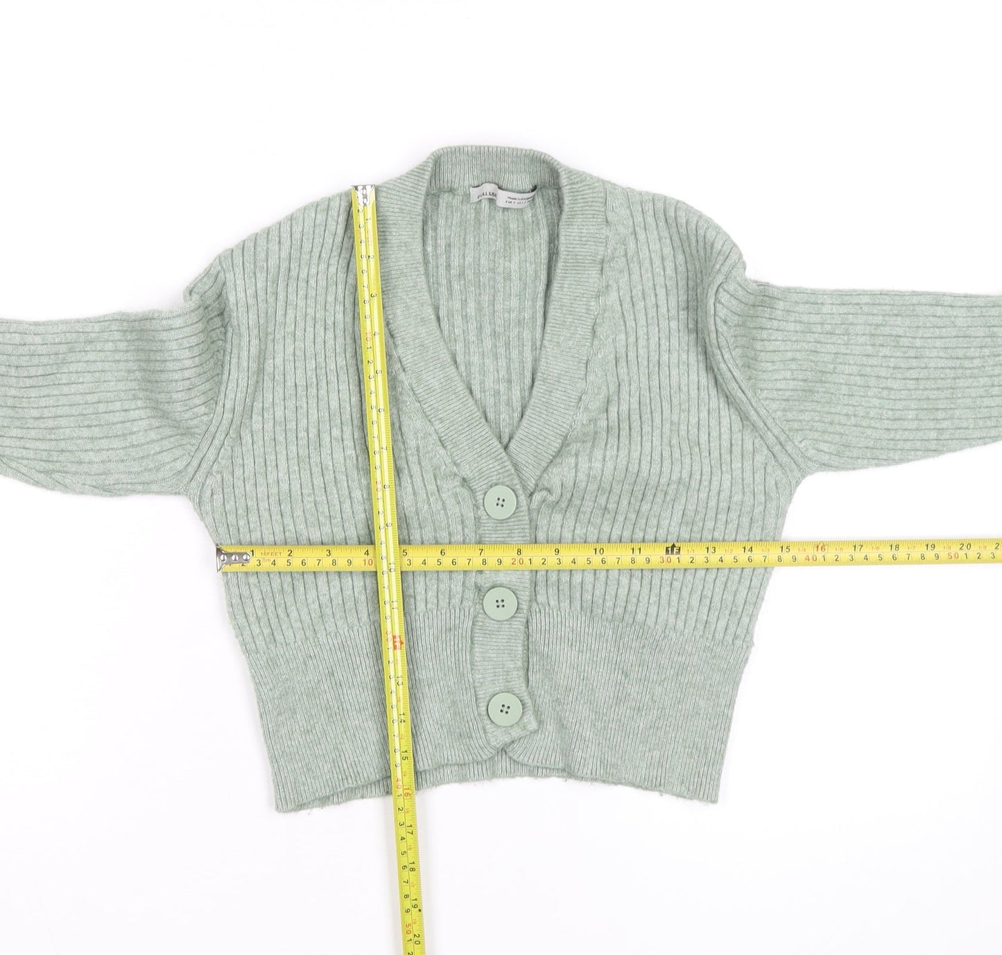 Pull & Bear Women’s Green Ribbed V-Neck Button Cardigan Size S