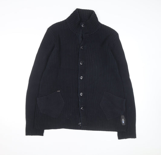 G-Star Men Black L Cotton Ribbed Cardigan Button Up Knit