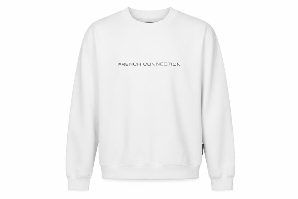 Front view of French Connection Men's White Crew Neck Logo Sweatshirt, size M