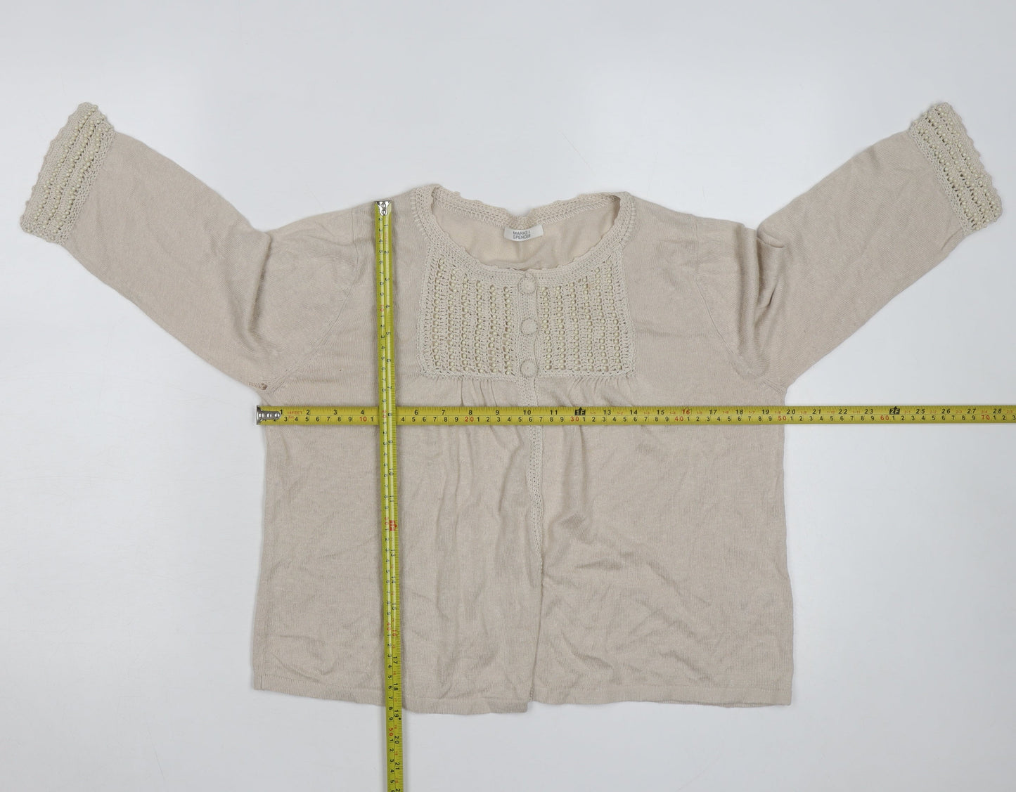 Marks and Spencer Women Beige Knit Cardigan Size 14 Crochet Detail