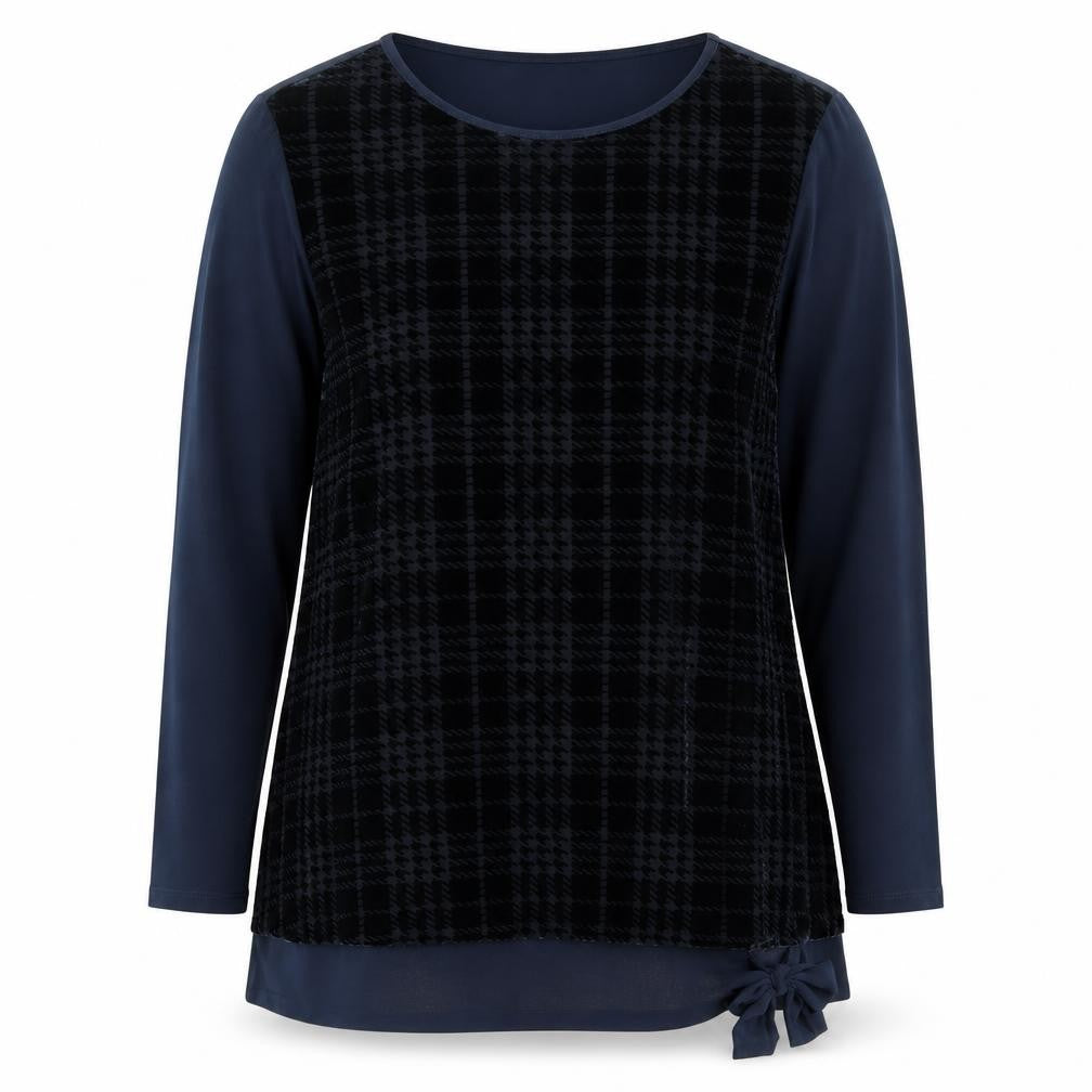 Front view of Cotswold Collections Women Blue Check Velvet Tunic Blouse, size 18