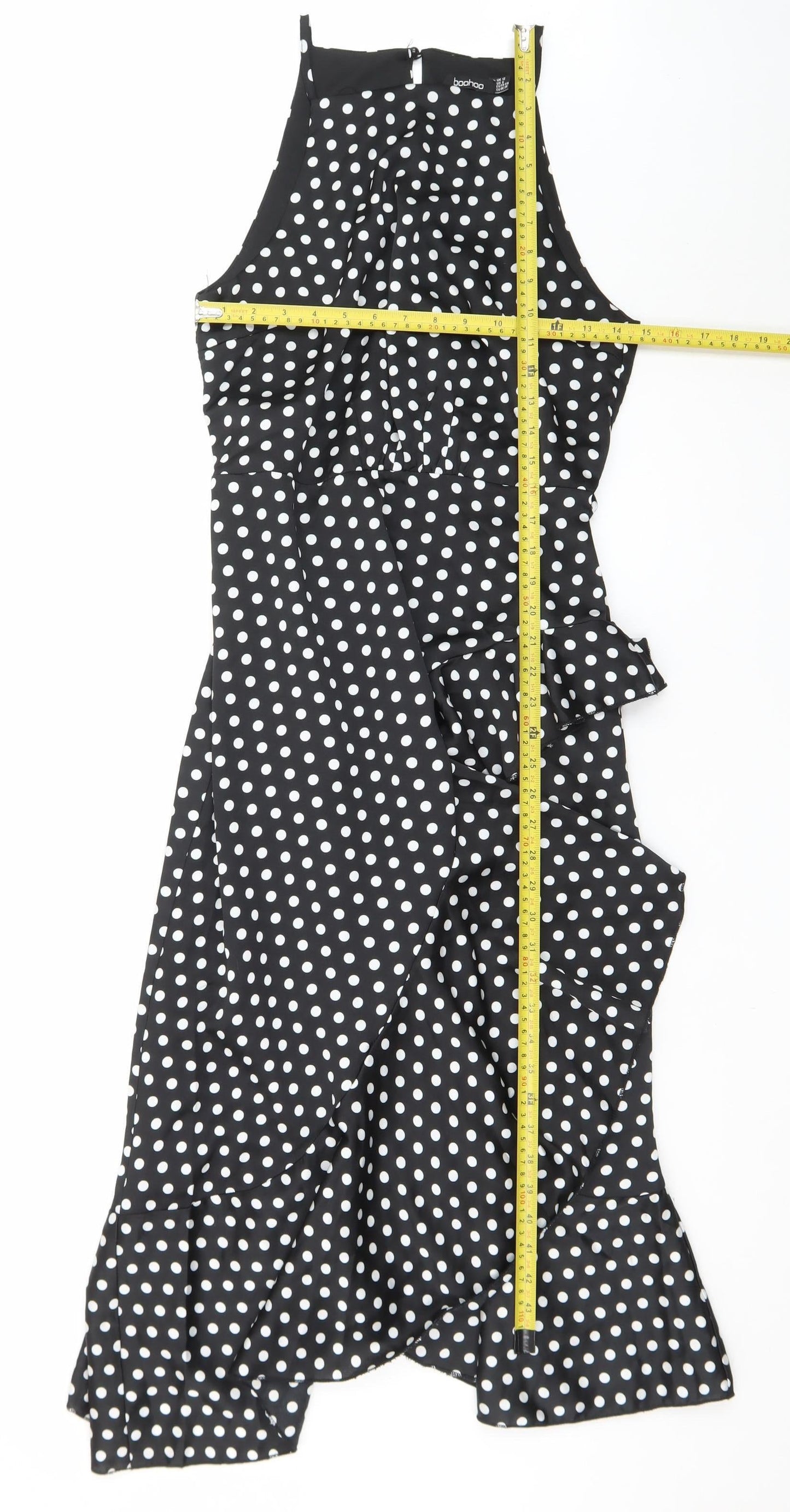 Boohoo Women's Black Polka Dot Halter Midi Wrap Dress Size 12