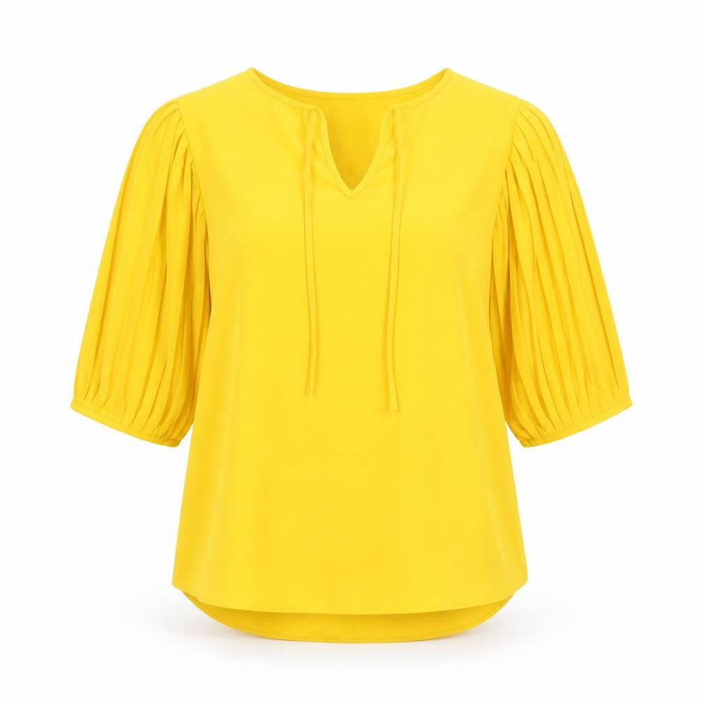 Front view of Soon Women's Yellow Puff Sleeve Tunic Blouse, size 10