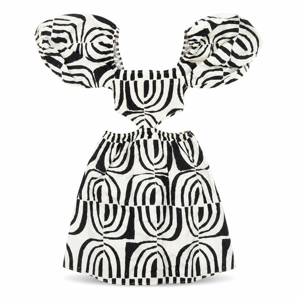 Zara Women Black Geometric Puff Sleeve Cut Out Dress Size 8