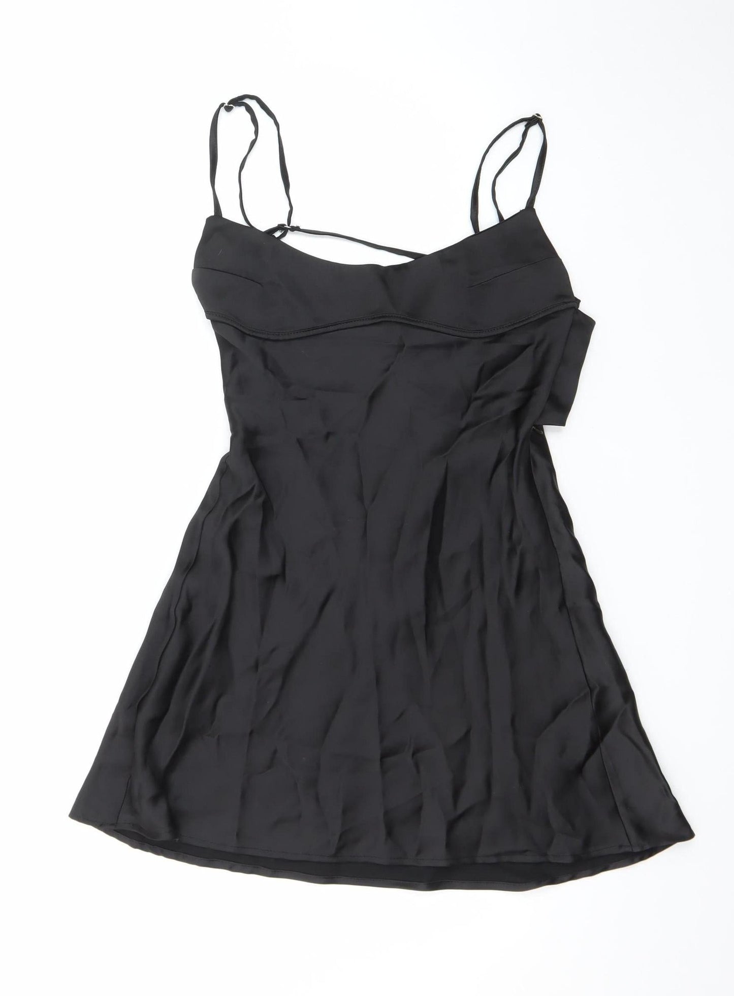 Zara Women Black S Satin Cut Out Slip Dress