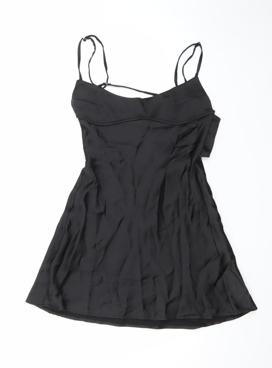 Zara Women Black S Satin Cut Out Slip Dress