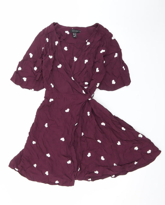 New Look Womens Purple Heart Wrap Dress Size 10 Half Sleeve