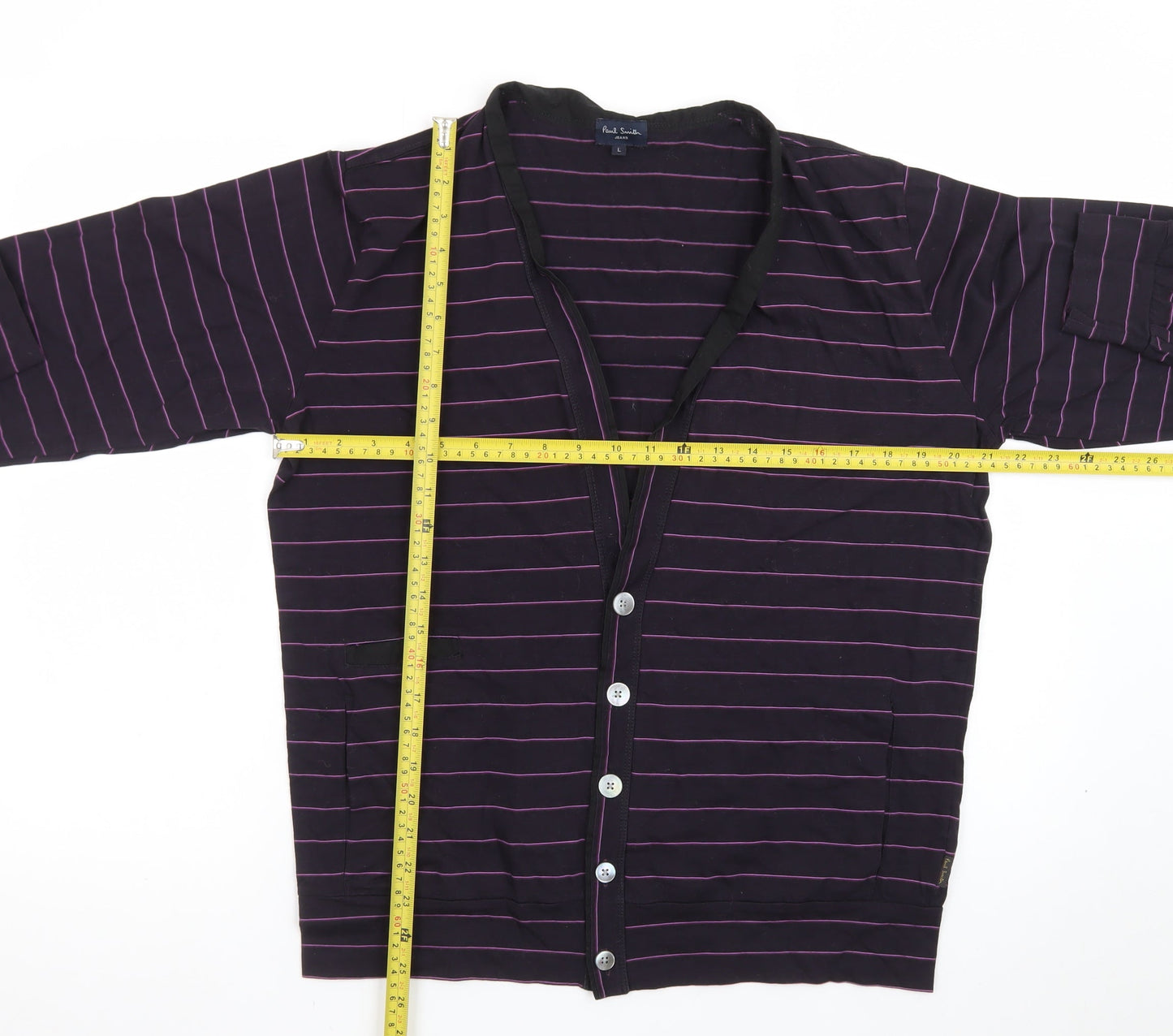 Paul Smith Men Purple Striped Cotton Cardigan L V-Neck Casual
