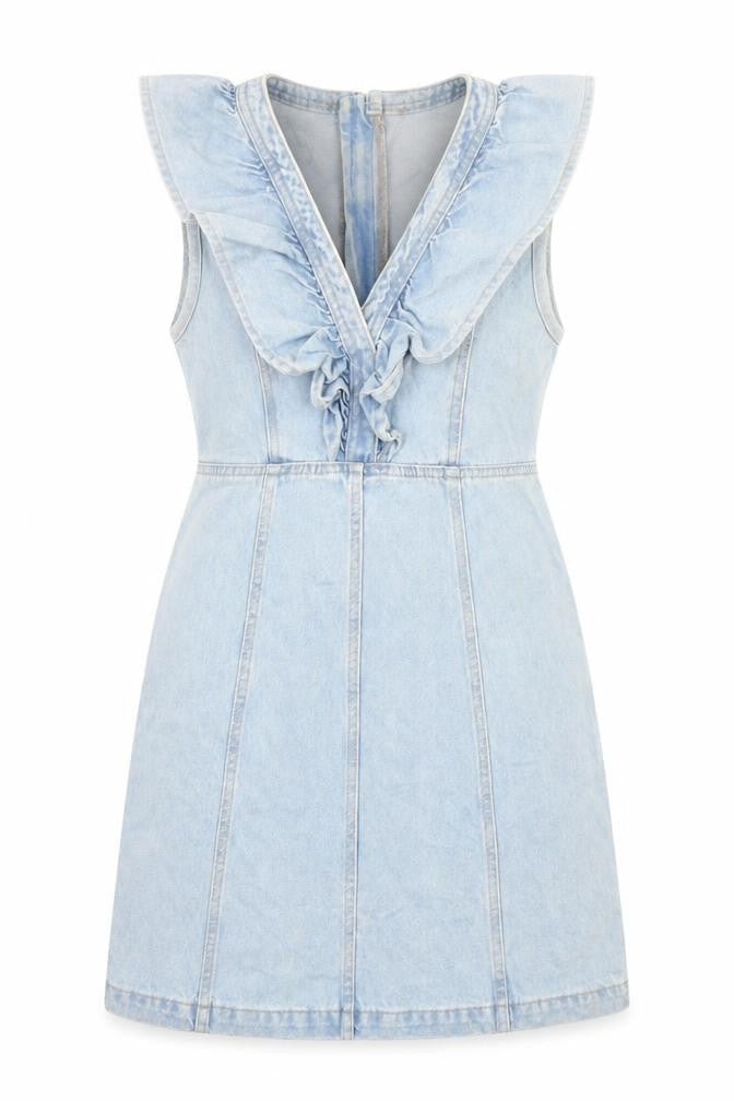 Pieces Womens Blue Denim Sleeveless Ruffle Shift Dress XS
