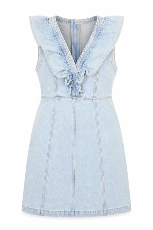 Pieces Womens Blue Denim Sleeveless Ruffle Shift Dress XS