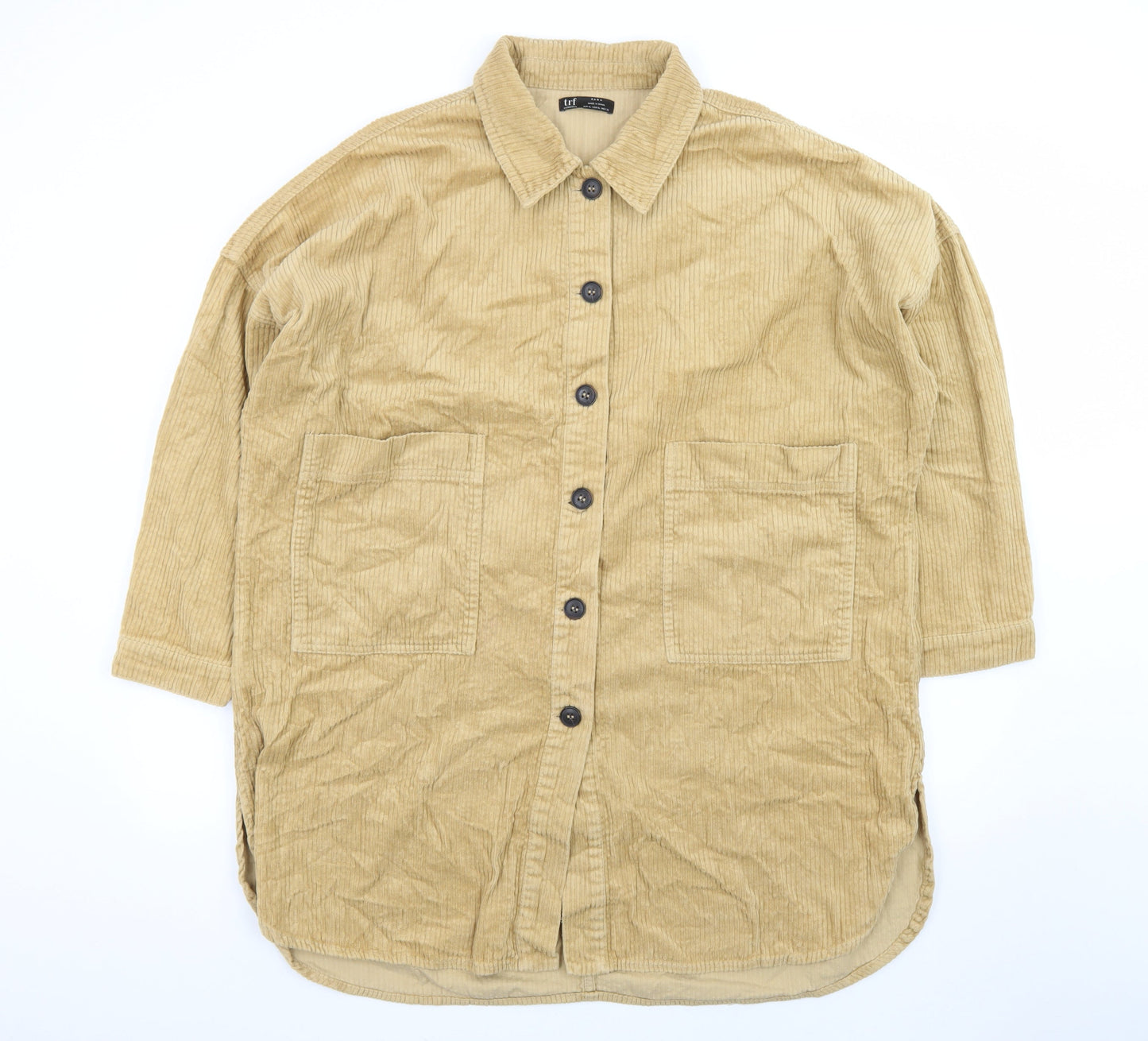 Zara Women Beige Corduroy Shirt Dress Size 16 Collared 3/4 Sleeve