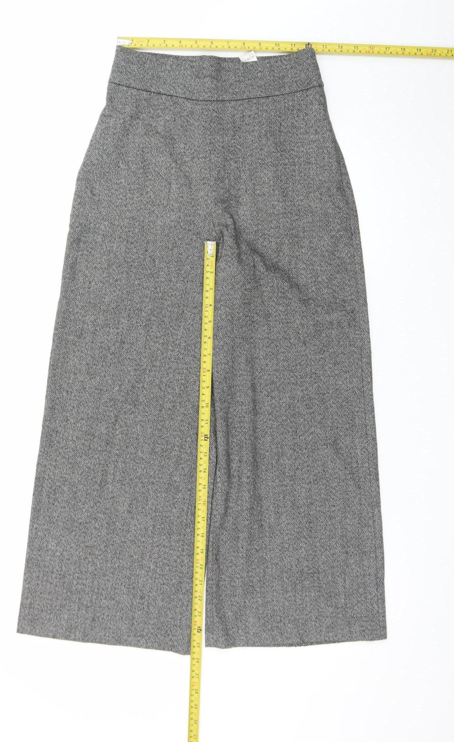 Zara Women Grey Herringbone Wide-Leg Cropped Trousers XS
