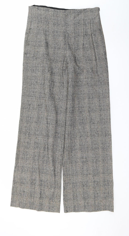 Zara Women Grey Check Wide-Leg Trousers Size 14