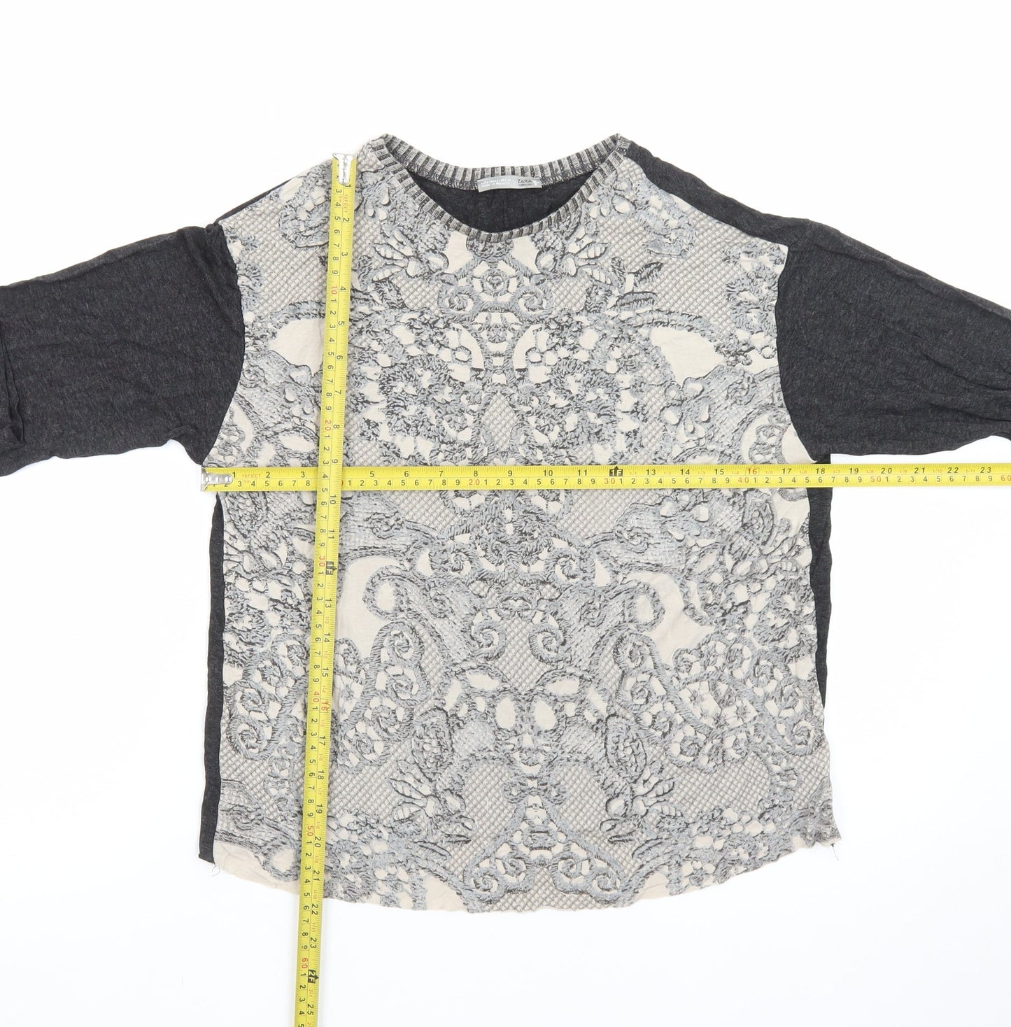Zara Women Grey Lace Front Long Sleeve Jersey T-Shirt L