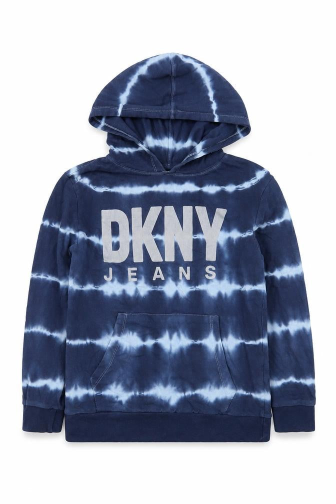 Front view of DKNY boys’ blue tie-dye pullover hoodie 8 years 100% cotton casual