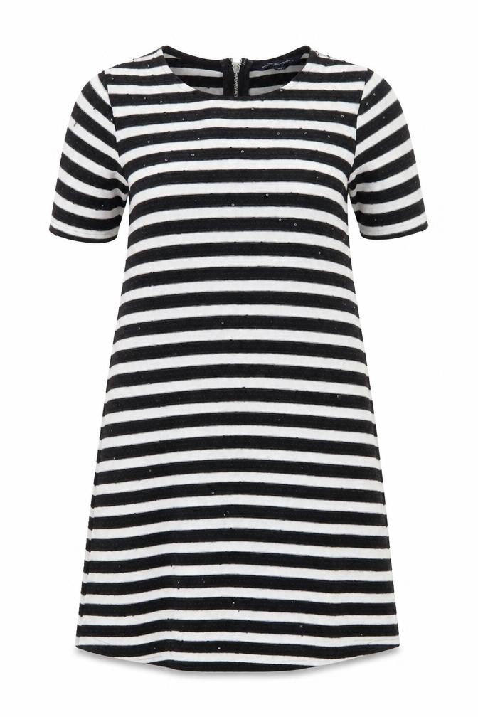 Front view of French Connection Women's Black White Striped Shift Dress, size 8