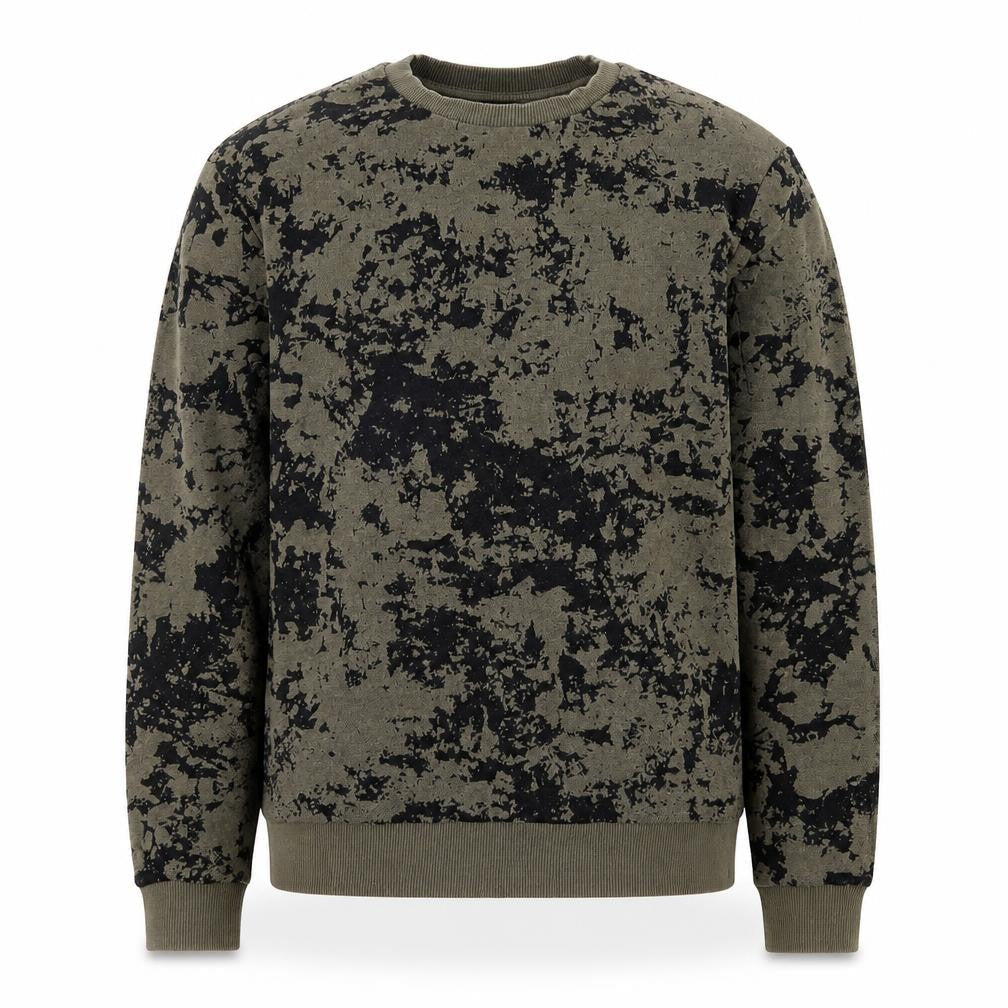 Front view of Zara Man Green Camouflage Crew Neck Pullover Sweatshirt, size S