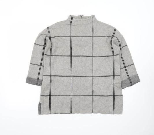 Tahari Women Grey Check Tunic Top Mock Neck 3/4 Sleeve Size M