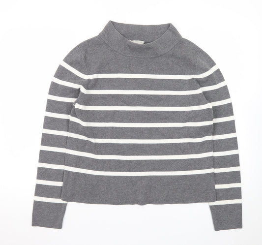 Hobbs Women’s Grey Striped Mock Neck Cotton Jumper Size M