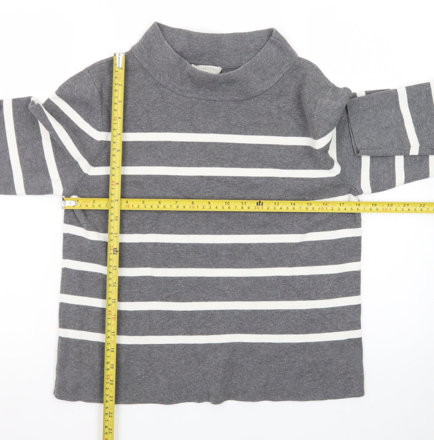 Hobbs Women’s Grey Striped Mock Neck Cotton Jumper Size M