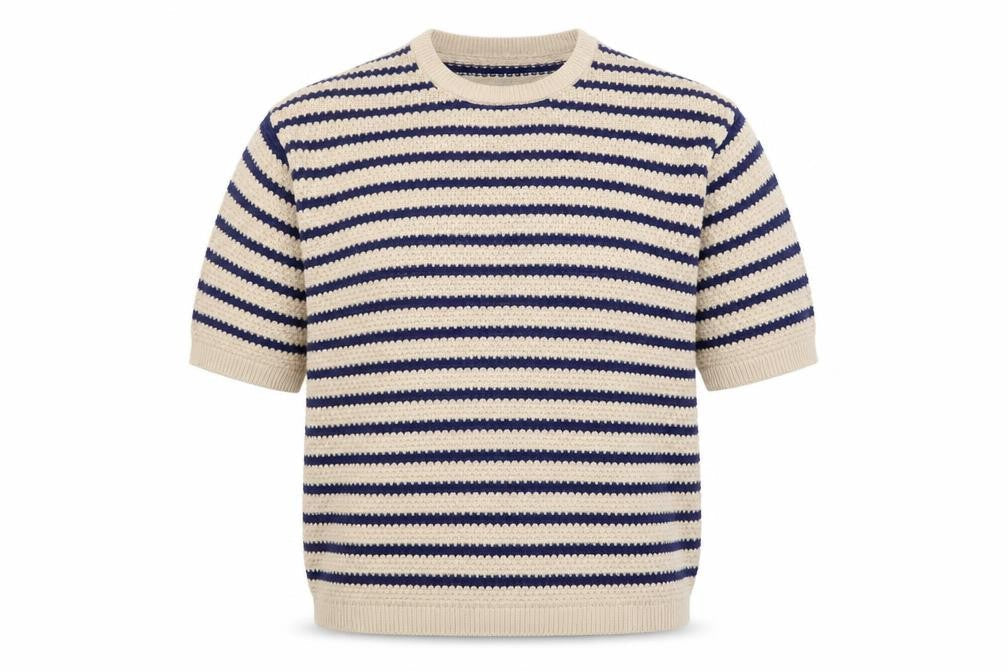 Front view of b.young Men's Beige Striped Cotton Short Sleeve Crew Neck jumper L