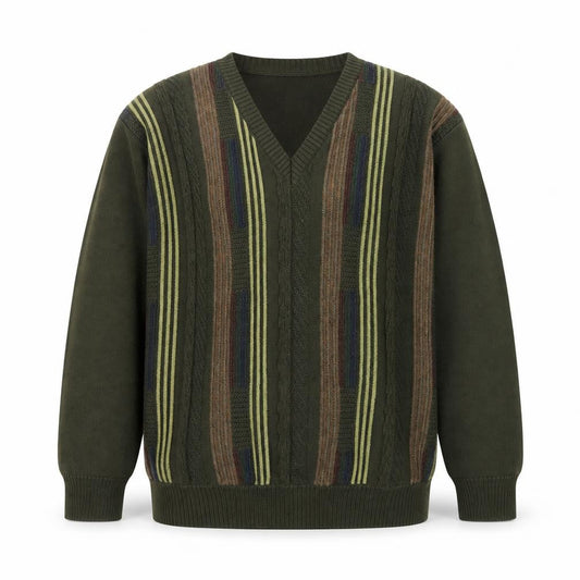 Gabicci Women's Green Striped V-Neck Merino Wool Blend Jumper L