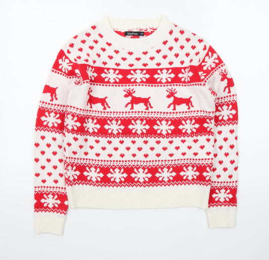 Boohoo Women’s Red Christmas Reindeer Fair Isle Knit Jumper S