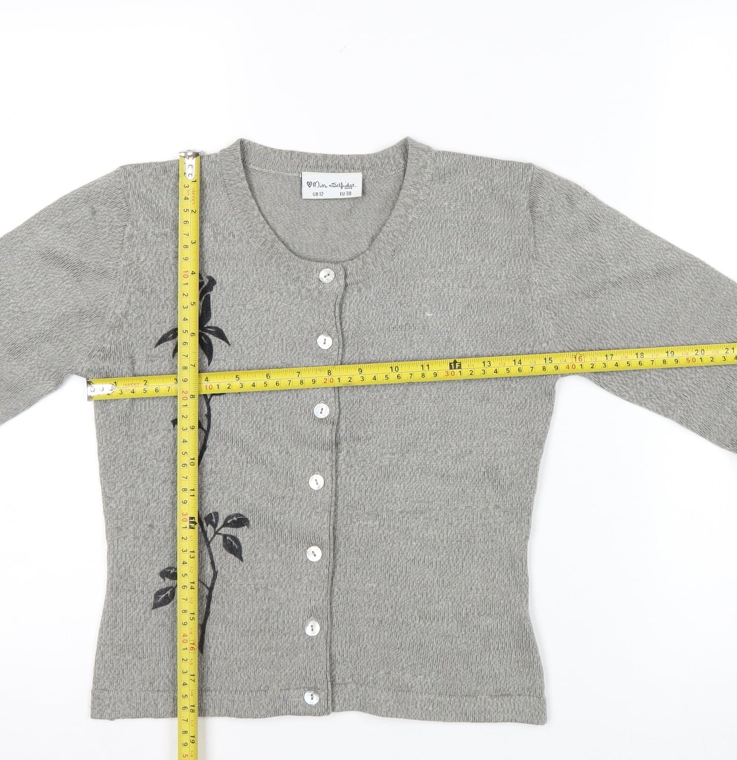 Miss Selfridge Womens Grey Floral Button Cardigan Size 12