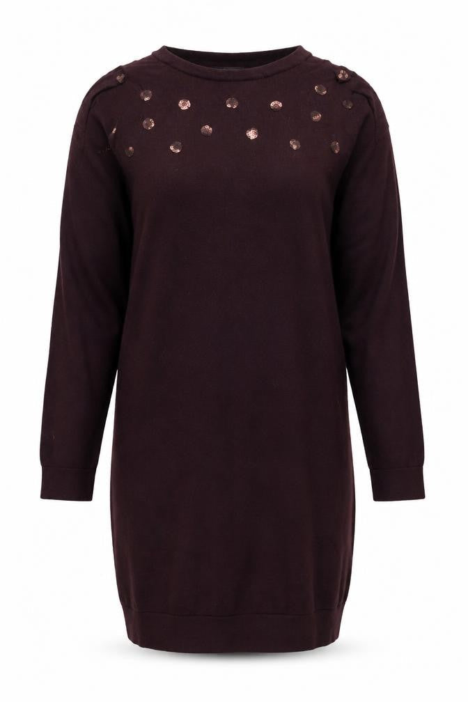 Front view of Crew Clothing women’s brown sequin jumper, size UK 10