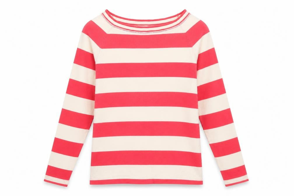 Sandwich Womens Red Beige Striped Boat Neck Long Sleeve Cotton Top Size S