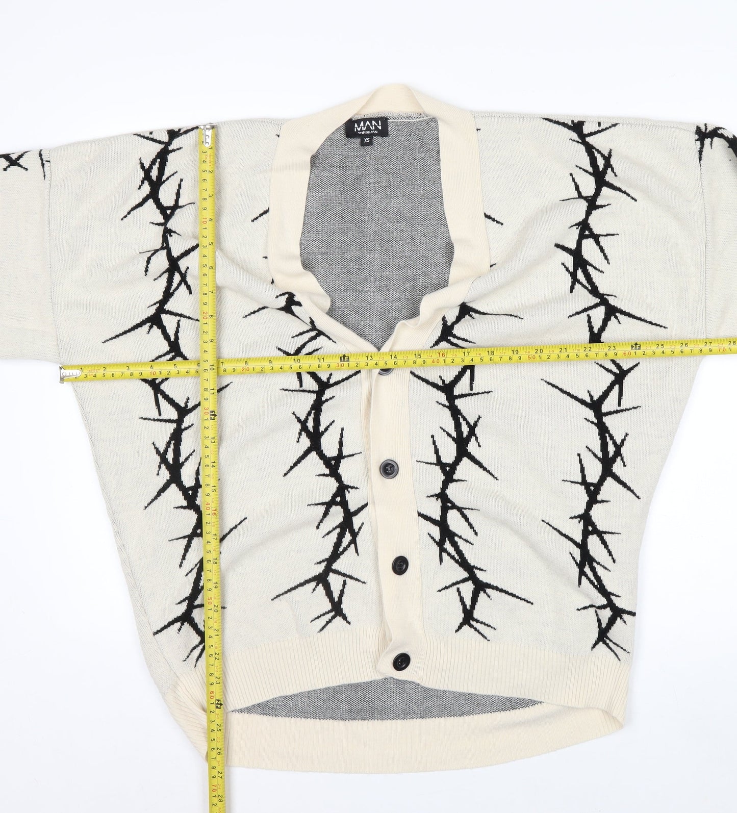 BoohooMAN Men's Beige XS V-Neck Button Cardigan with Graphic Print