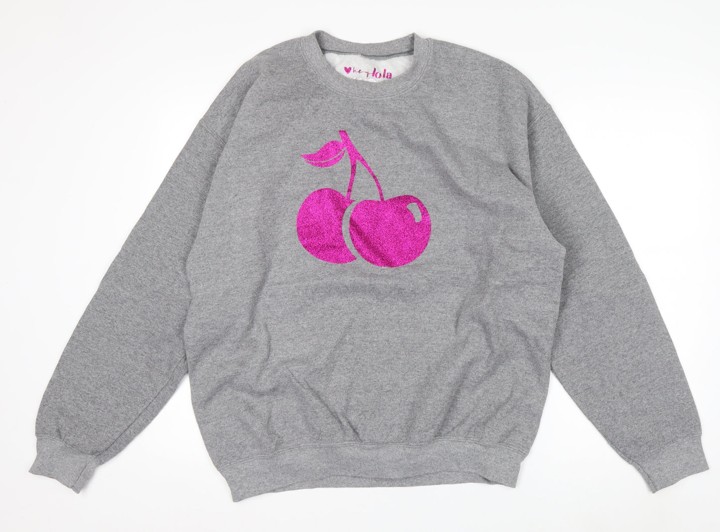 Hey Lola Womens Grey Cherry Graphic Pullover Sweatshirt L