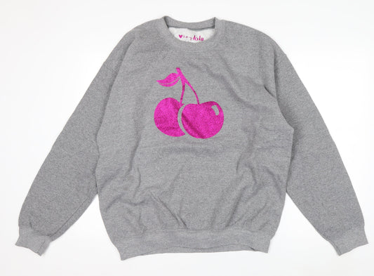 Hey Lola Womens Grey Cherry Graphic Pullover Sweatshirt L