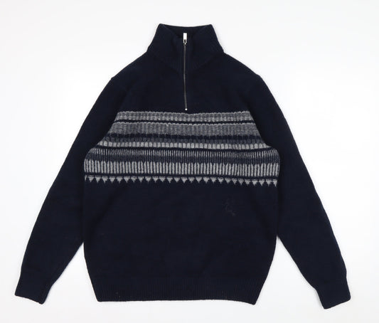 Marks and Spencer Men's Blue Geometric 1/2 Zip Wool Blend Jumper M