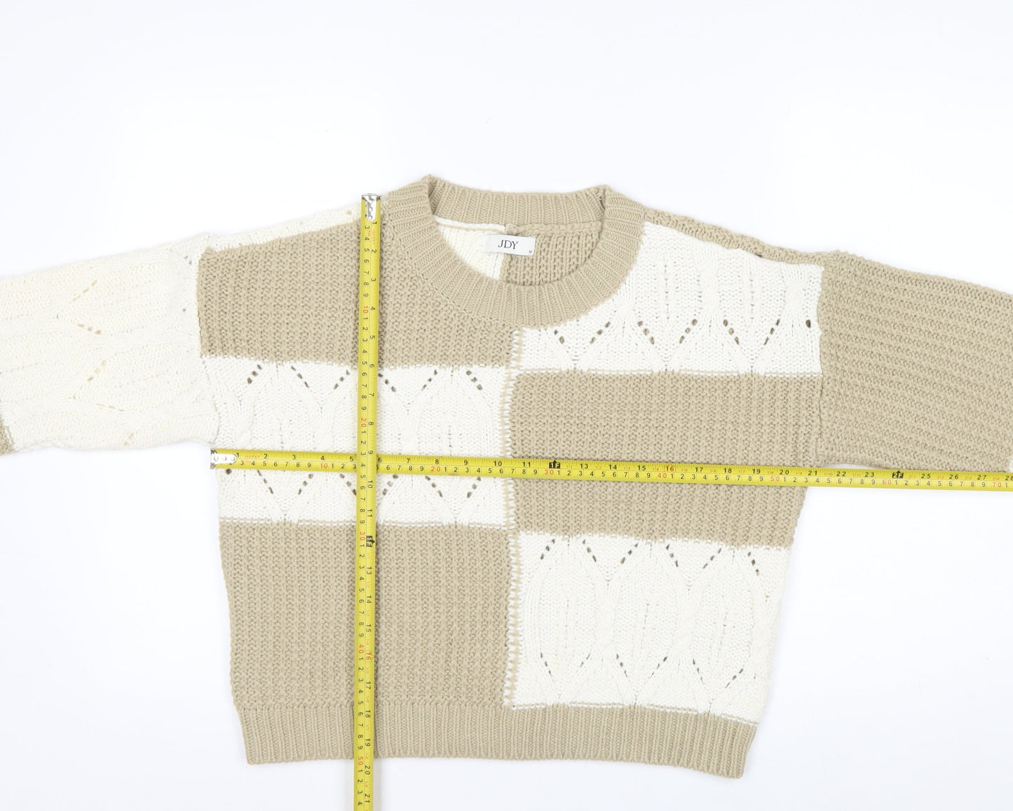 JDY Women's Beige Knit Pullover Jumper Medium Chunky Crew Neck Sweater