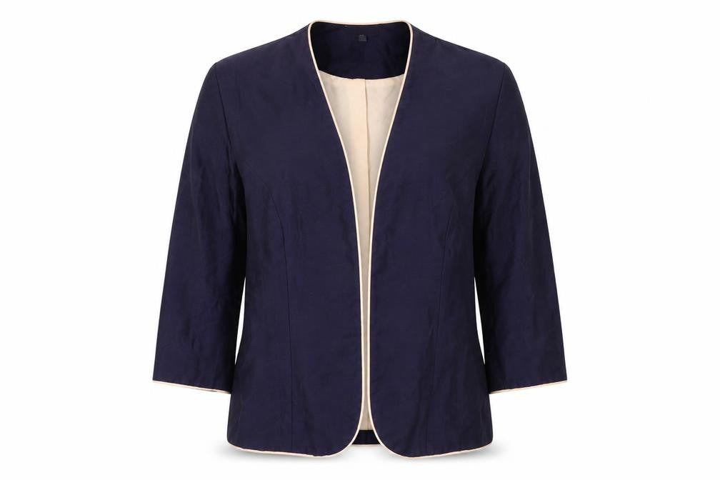Front view of Kaliko Women's Blue Linen Blend Suit Jacket, size 16, Lined Lightweight