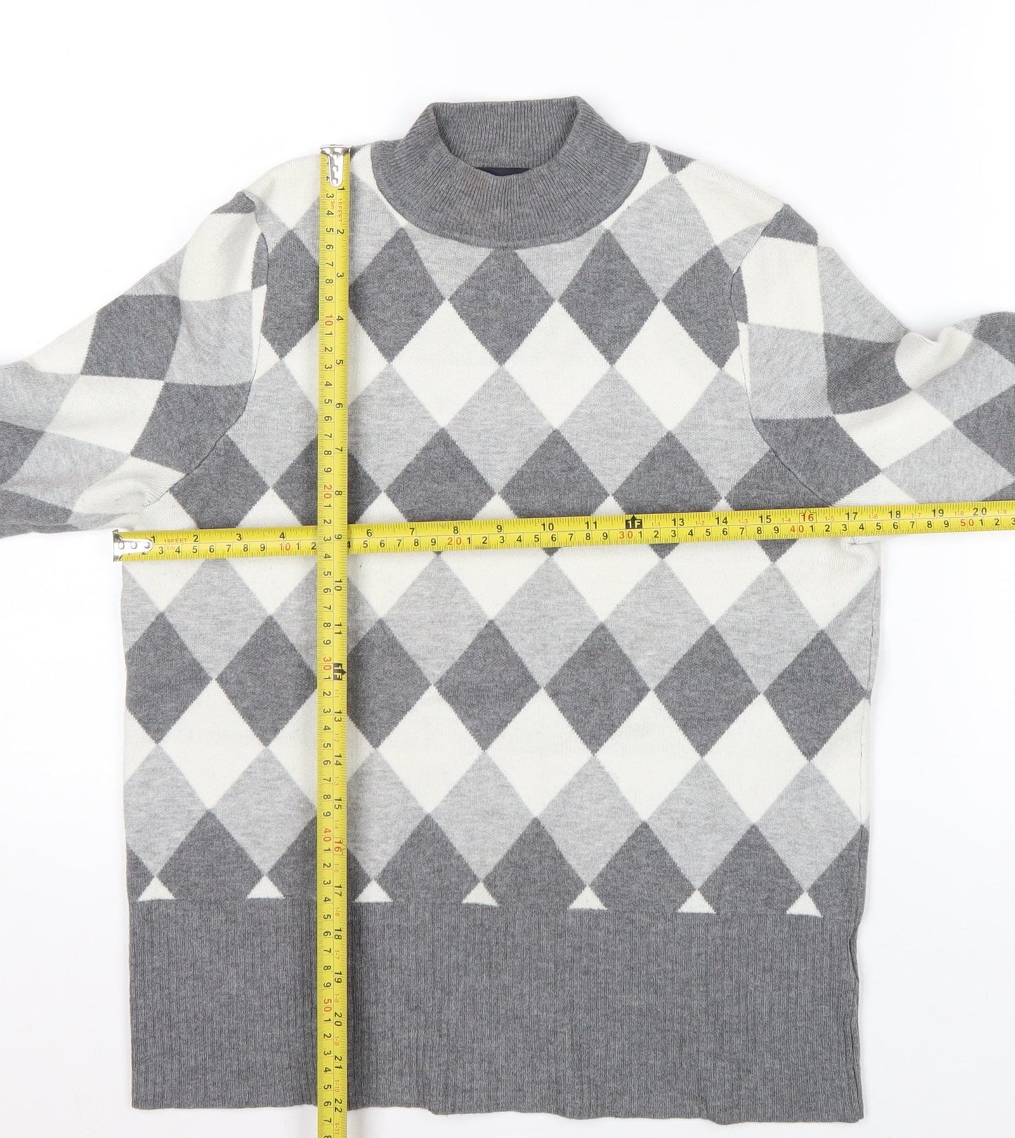 Marks and Spencer Women’s Grey Argyle Mock Neck Knit Jumper Size 14