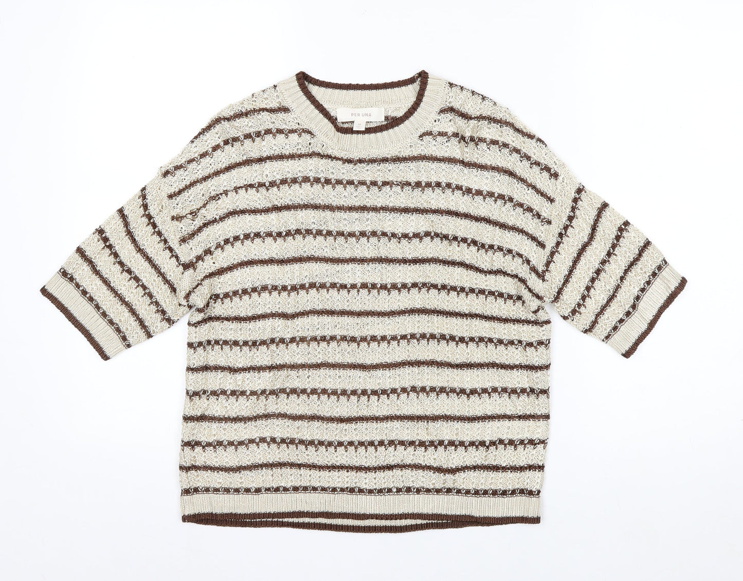 Marks and Spencer Per Una Women's Beige Striped 3/4 Sleeve Knit Jumper M
