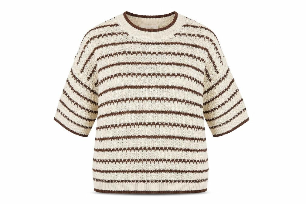 Marks & Spencer Per Una Women's Beige Striped 3/4 Sleeve Knit Jumper M