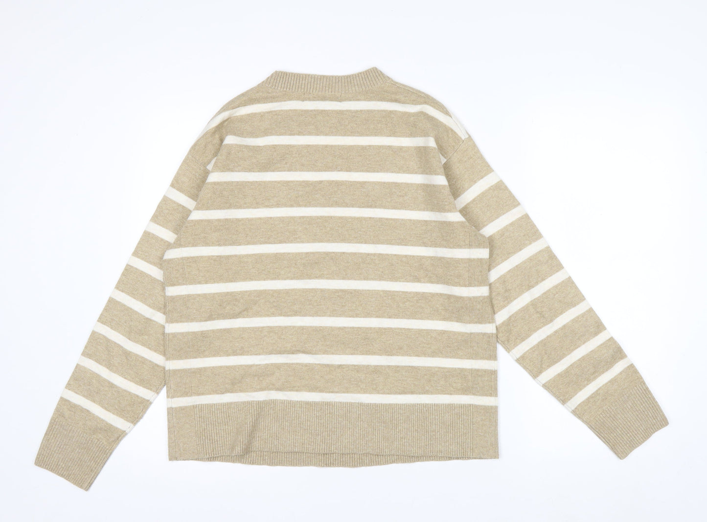 Marks and Spencer Men's Beige Striped Crew Neck Jumper Size M