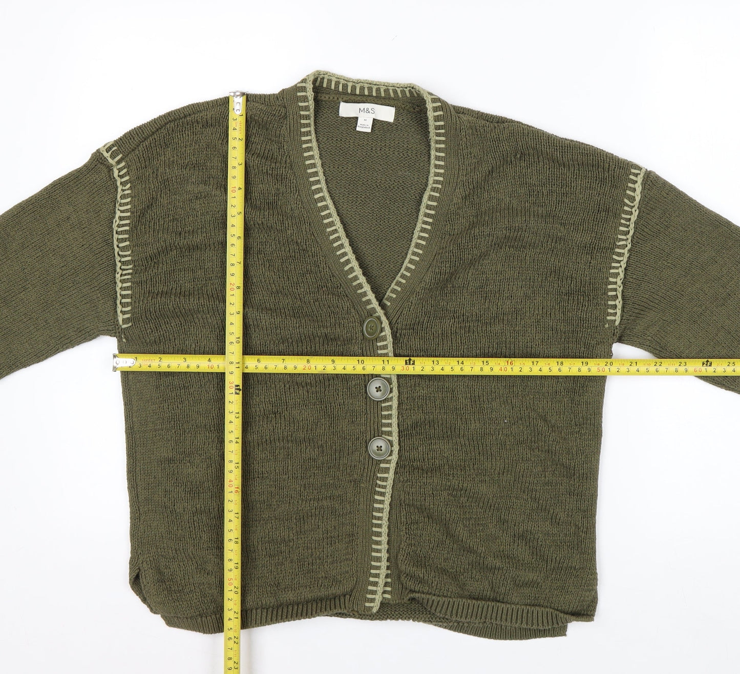 Marks and Spencer Women Khaki Green Medium Cotton Blend V-Neck Cardigan