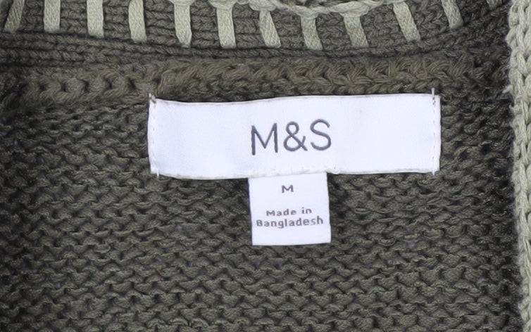 Marks and Spencer Women Khaki Green Medium Cotton Blend V-Neck Cardigan