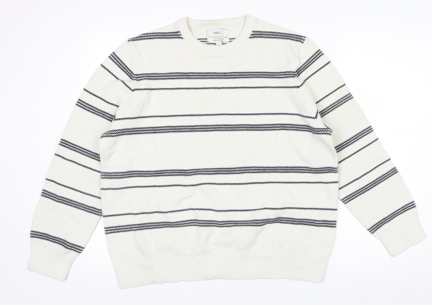 Marks and Spencer Men's White Striped Cotton Crew Neck Jumper XL