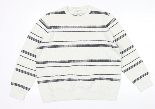 Marks and Spencer Men's White Striped Cotton Crew Neck Jumper XL
